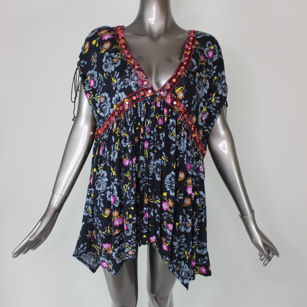 Free People Escapedes Floral Print Navy Blouse Top